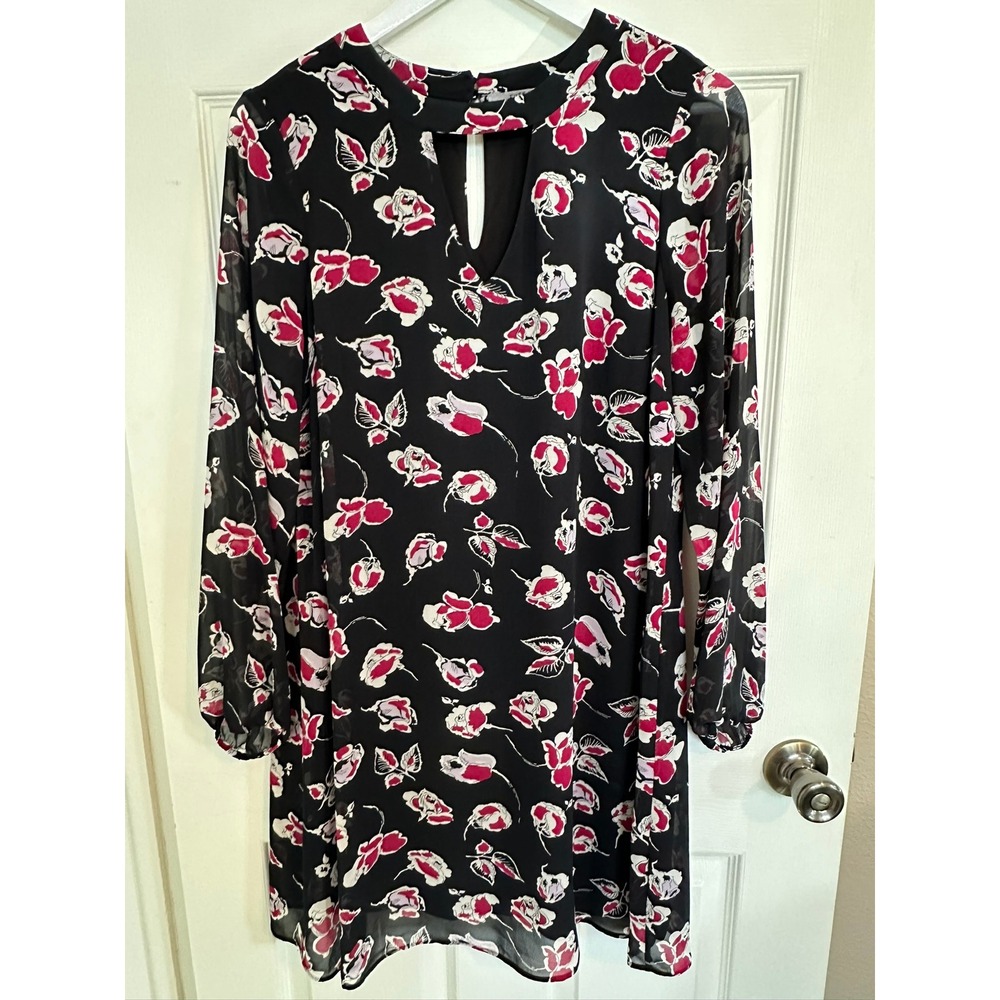 Ruff Hewn by Grey Black Floral‎ Keyhole Neck Long Sleeve Shift Dress Size M